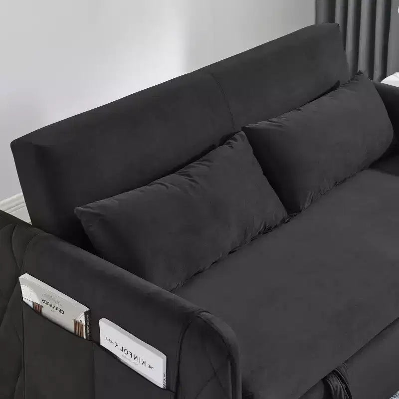 GDFStudio Vynn 55 Modern Convertible Velvet Upholstered Sofa Bed with 2 Pillows and Detachable Arm Pockets