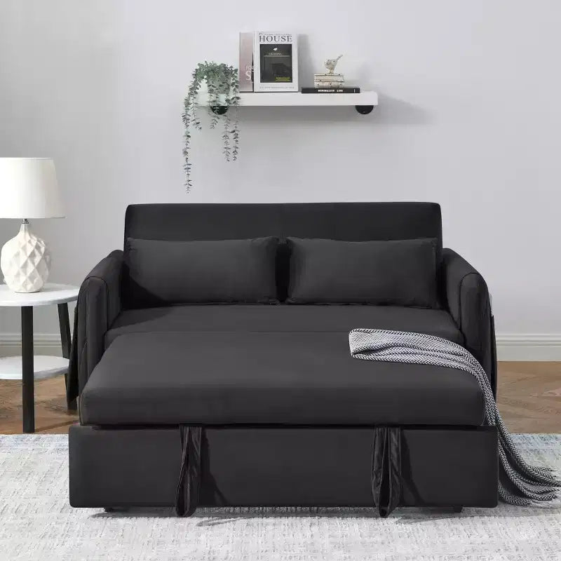 GDFStudio Vynn 55 Modern Convertible Velvet Upholstered Sofa Bed with 2 Pillows and Detachable Arm Pockets