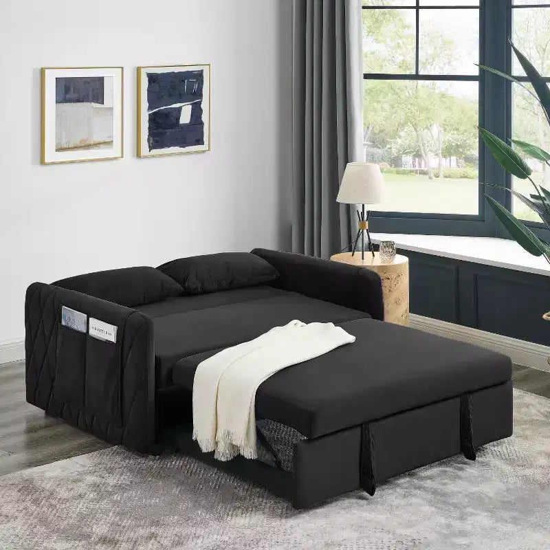 GDFStudio Vynn 55 Modern Convertible Velvet Upholstered Sofa Bed with 2 Pillows and Detachable Arm Pockets