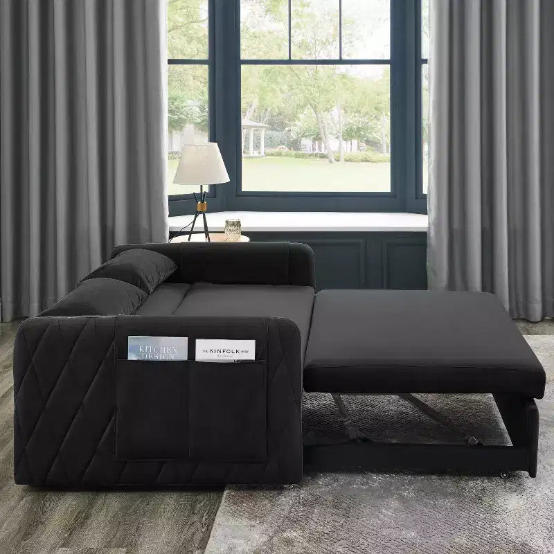 GDFStudio Vynn 55 Modern Convertible Velvet Upholstered Sofa Bed with 2 Pillows and Detachable Arm Pockets
