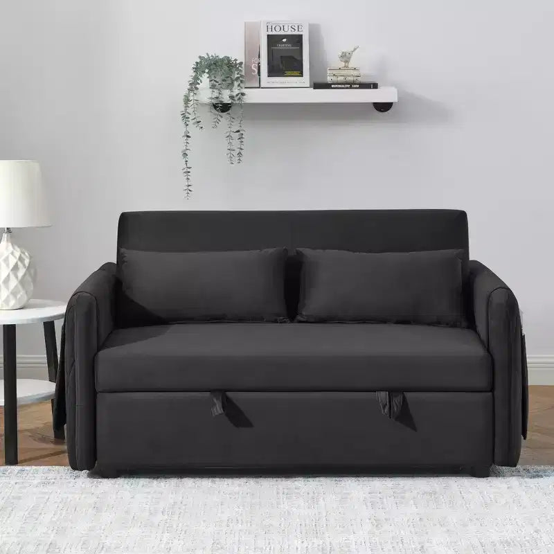 GDFStudio Vynn 55 Modern Convertible Velvet Upholstered Sofa Bed with 2 Pillows and Detachable Arm Pockets