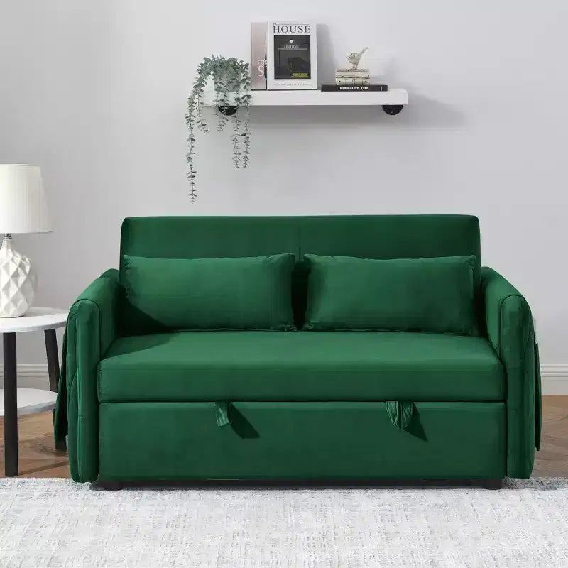 GDFStudio Vynn 55 Modern Convertible Velvet Upholstered Sofa Bed with 2 Pillows and Detachable Arm Pockets
