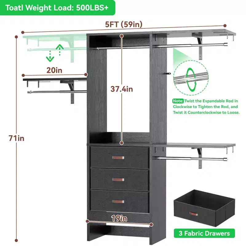 Besiost 5FT Closet Organizer System with Fabric Drawers, Closet Wardrobe with Hanging Rods