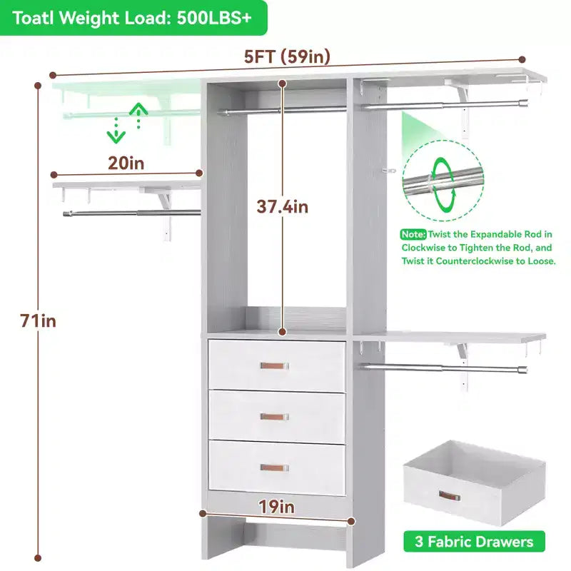Besiost 5FT Closet Organizer System with Fabric Drawers, Closet Wardrobe with Hanging Rods