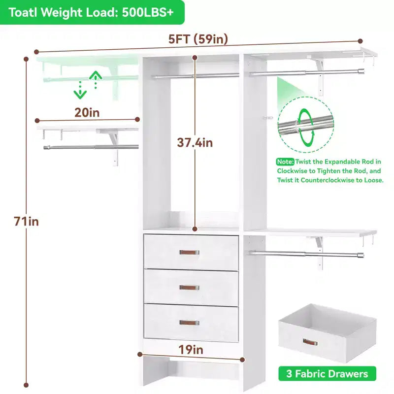 Besiost 5FT Closet Organizer System with Fabric Drawers, Closet Wardrobe with Hanging Rods