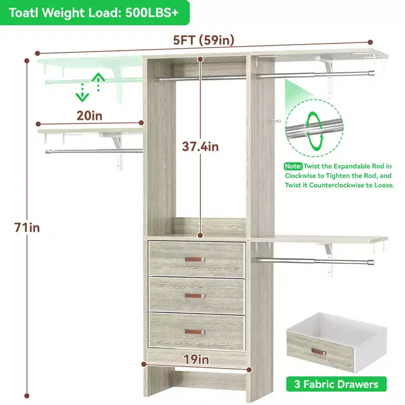 Besiost 5FT Closet Organizer System with Fabric Drawers, Closet Wardrobe with Hanging Rods