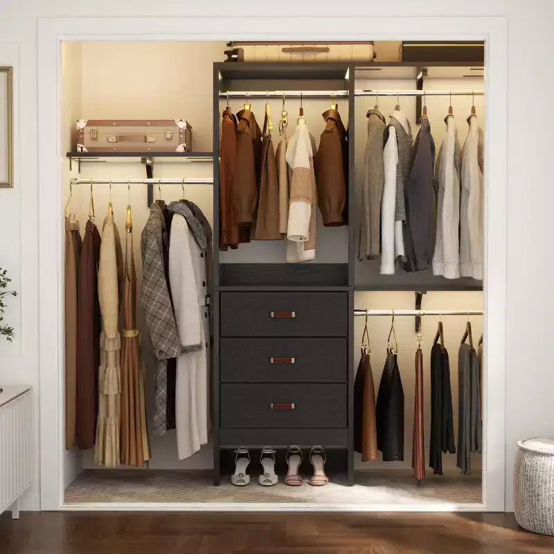 Besiost 5FT Closet Organizer System with Fabric Drawers, Closet Wardrobe with Hanging Rods