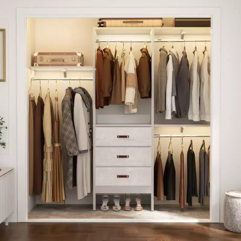 Besiost 5FT Closet Organizer System with Fabric Drawers, Closet Wardrobe with Hanging Rods