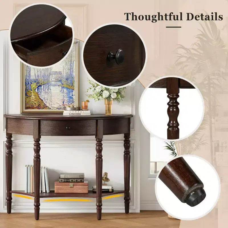 39 French Country Half Moon Console Table, Farmhouse Demilune Entryway Table with Drawer & Storage Shelf - Panipeachy