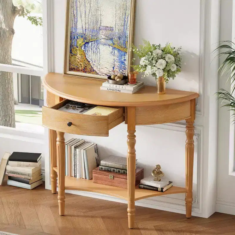 39 French Country Half Moon Console Table, Farmhouse Demilune Entryway Table with Drawer & Storage Shelf - Panipeachy