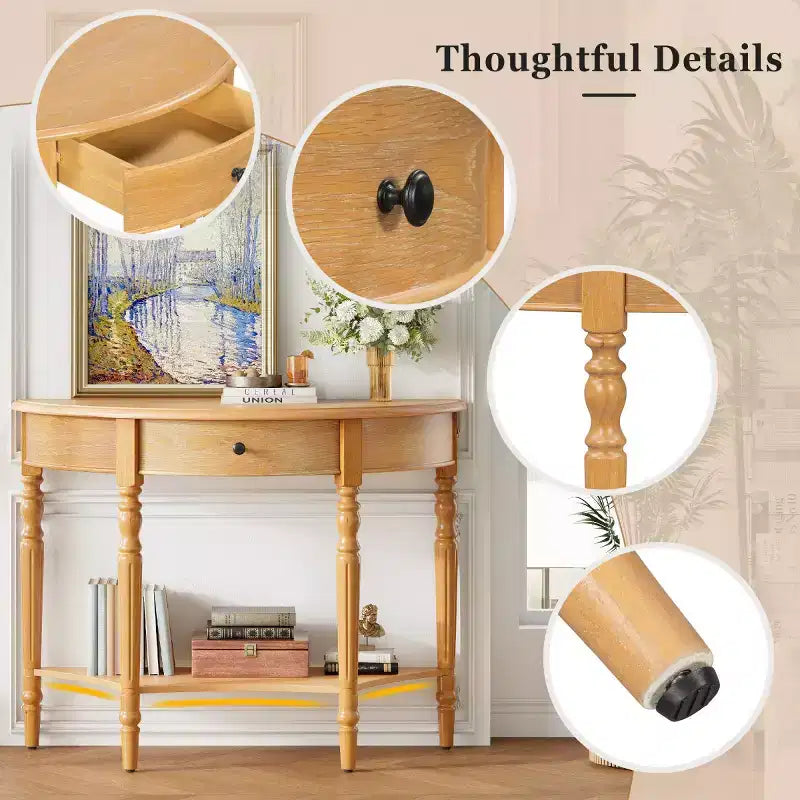 39 French Country Half Moon Console Table, Farmhouse Demilune Entryway Table with Drawer & Storage Shelf - Panipeachy