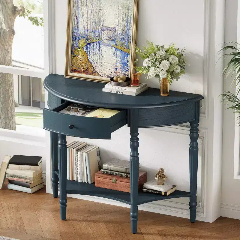 39 French Country Half Moon Console Table, Farmhouse Demilune Entryway Table with Drawer & Storage Shelf - Panipeachy