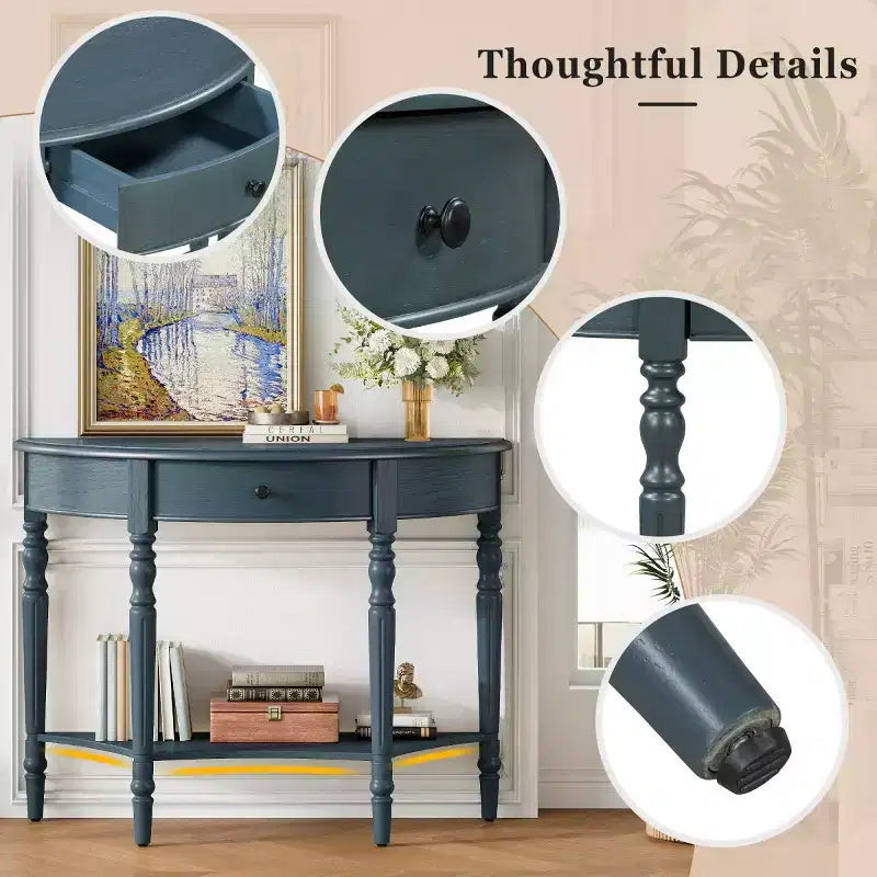 39 French Country Half Moon Console Table, Farmhouse Demilune Entryway Table with Drawer & Storage Shelf - Panipeachy