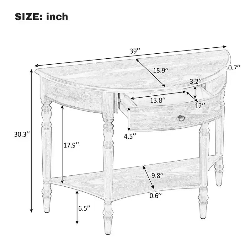 39 French Country Half Moon Console Table, Farmhouse Demilune Entryway Table with Drawer & Storage Shelf - Panipeachy
