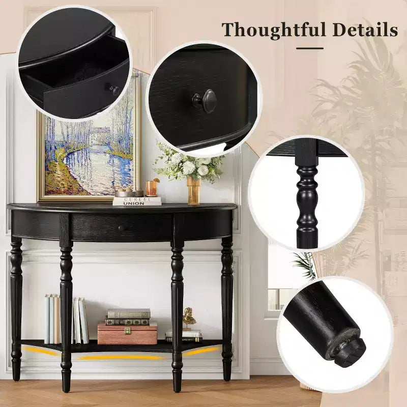 39 French Country Half Moon Console Table, Farmhouse Demilune Entryway Table with Drawer & Storage Shelf - Panipeachy