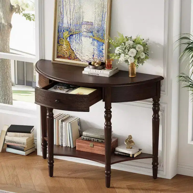 39 French Country Half Moon Console Table, Farmhouse Demilune Entryway Table with Drawer & Storage Shelf - Panipeachy