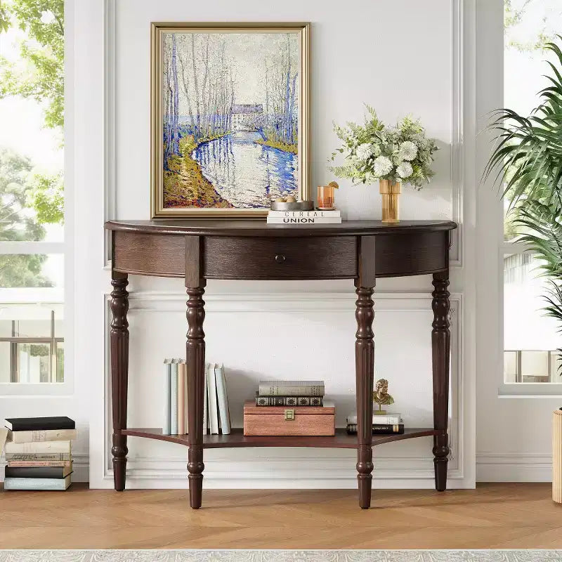 39 French Country Half Moon Console Table, Farmhouse Demilune Entryway Table with Drawer & Storage Shelf - Panipeachy