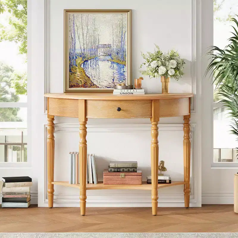 39 French Country Half Moon Console Table, Farmhouse Demilune Entryway Table with Drawer & Storage Shelf - Panipeachy
