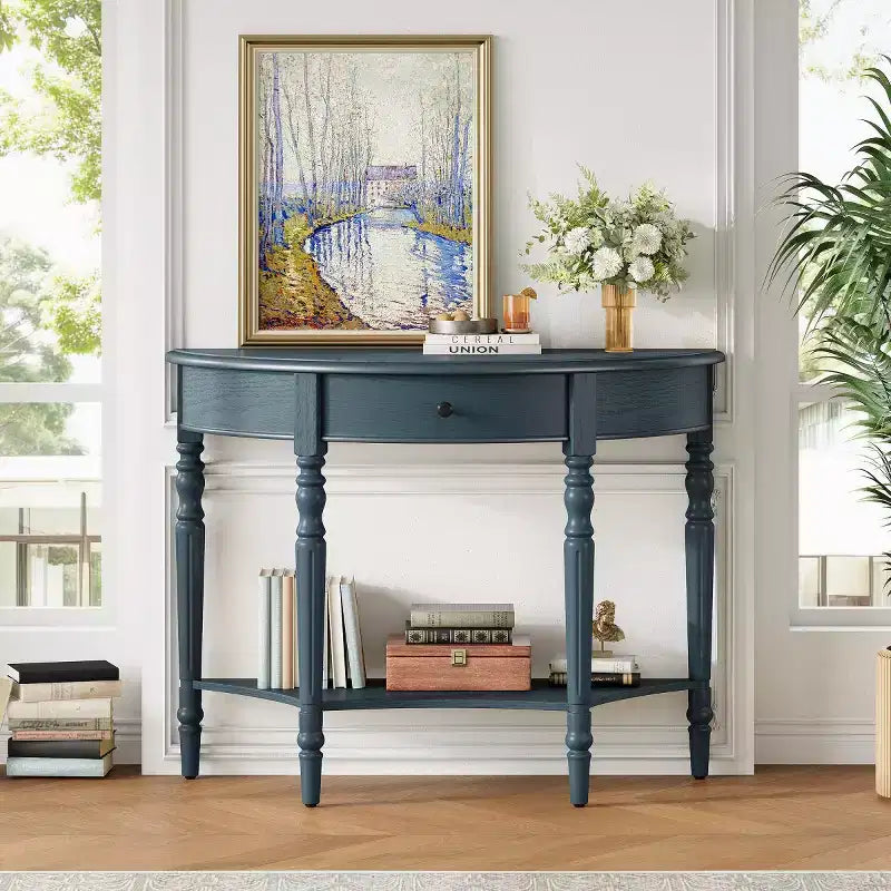 39 French Country Half Moon Console Table, Farmhouse Demilune Entryway Table with Drawer & Storage Shelf - Panipeachy
