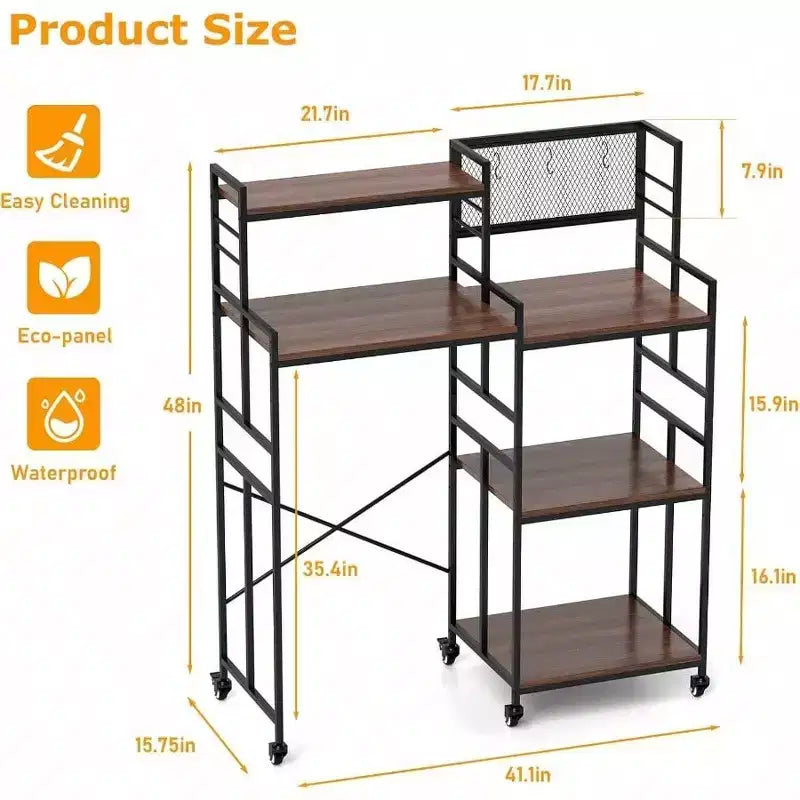 Fridge Shelf with Wheels 5 Tier Kitchen Bakers Rack Adjustable Microwave Oven Stand Table with Storage Fridge Stand