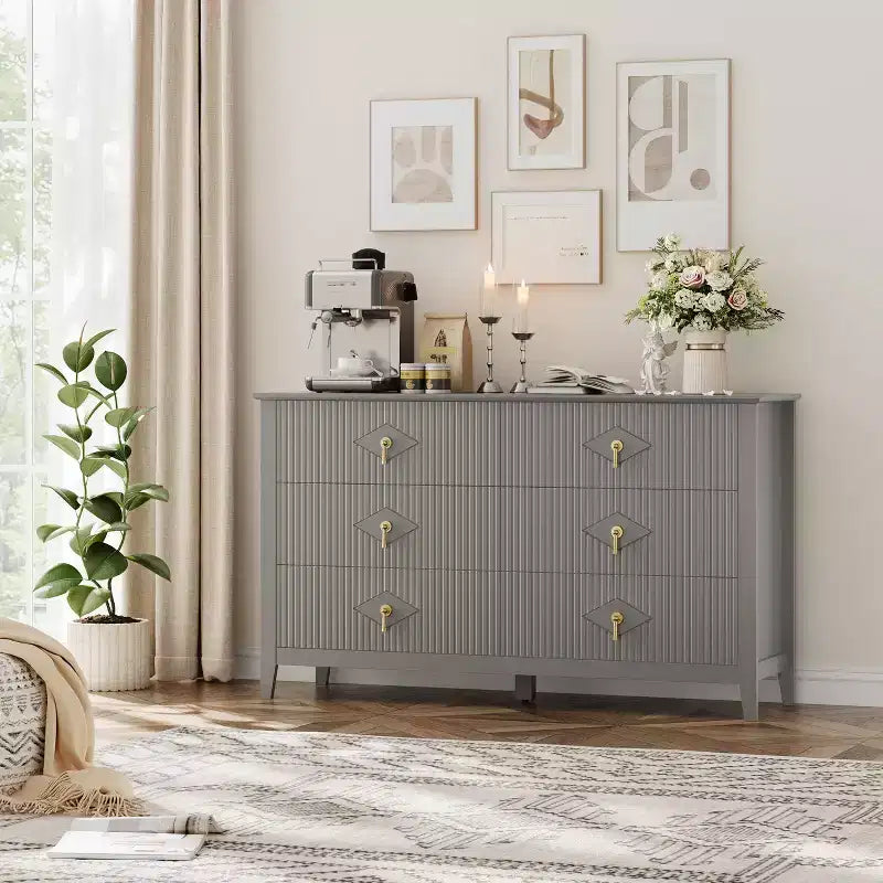 Fluted 6 Drawers Dresser for Bedroom, 54 Wide Modern Chest of Drawers with Metal Handle, Wooden Dresser Organizer