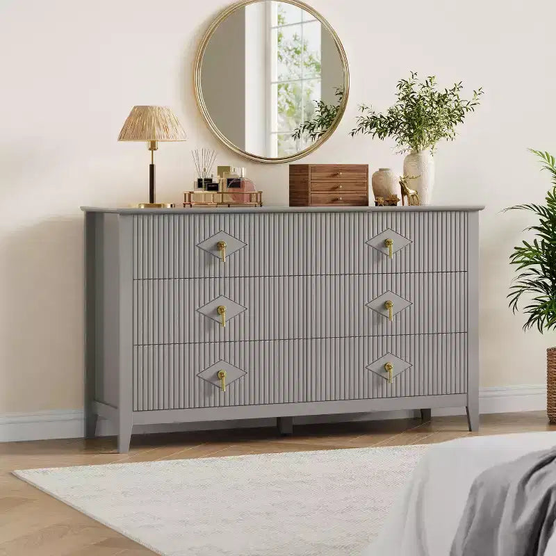 Fluted 6 Drawers Dresser for Bedroom, 54 Wide Modern Chest of Drawers with Metal Handle, Wooden Dresser Organizer