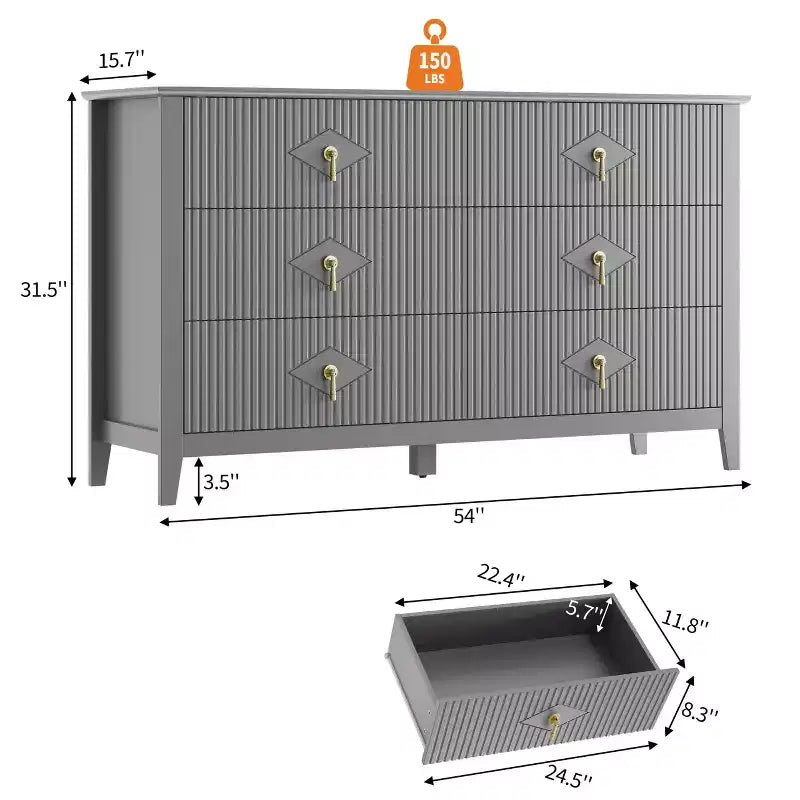 Fluted 6 Drawers Dresser for Bedroom, 54 Wide Modern Chest of Drawers with Metal Handle, Wooden Dresser Organizer