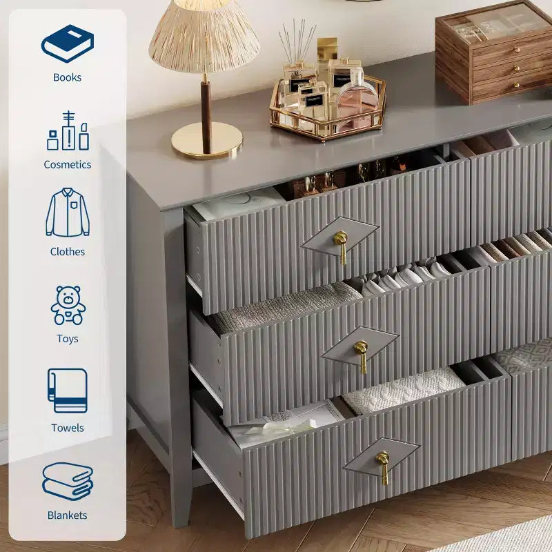 Fluted 6 Drawers Dresser for Bedroom, 54 Wide Modern Chest of Drawers with Metal Handle, Wooden Dresser Organizer