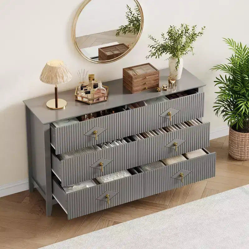 Fluted 6 Drawers Dresser for Bedroom, 54 Wide Modern Chest of Drawers with Metal Handle, Wooden Dresser Organizer