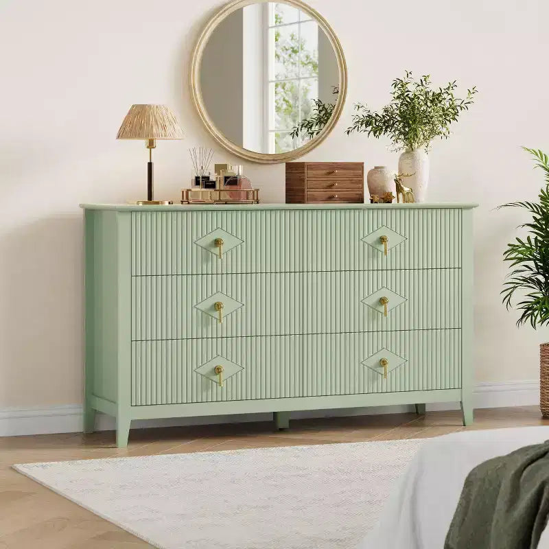 Fluted 6 Drawers Dresser for Bedroom, 54 Wide Modern Chest of Drawers with Metal Handle, Wooden Dresser Organizer