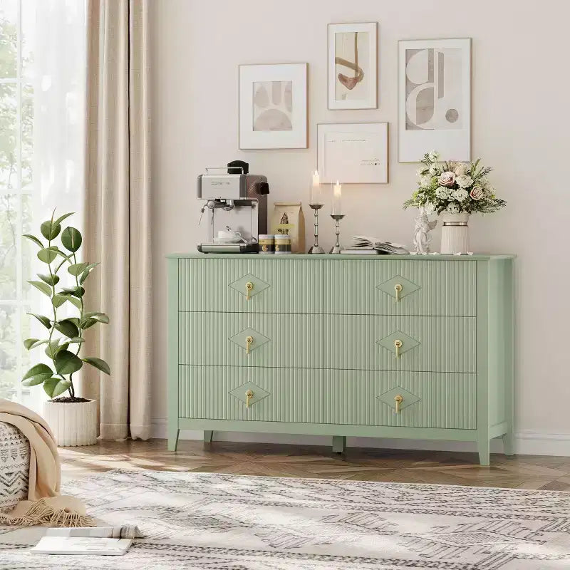 Fluted 6 Drawers Dresser for Bedroom, 54 Wide Modern Chest of Drawers with Metal Handle, Wooden Dresser Organizer
