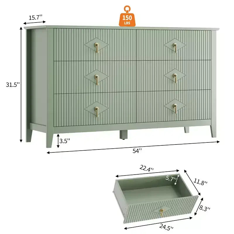 Fluted 6 Drawers Dresser for Bedroom, 54 Wide Modern Chest of Drawers with Metal Handle, Wooden Dresser Organizer