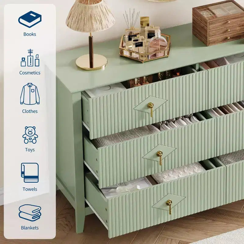 Fluted 6 Drawers Dresser for Bedroom, 54 Wide Modern Chest of Drawers with Metal Handle, Wooden Dresser Organizer