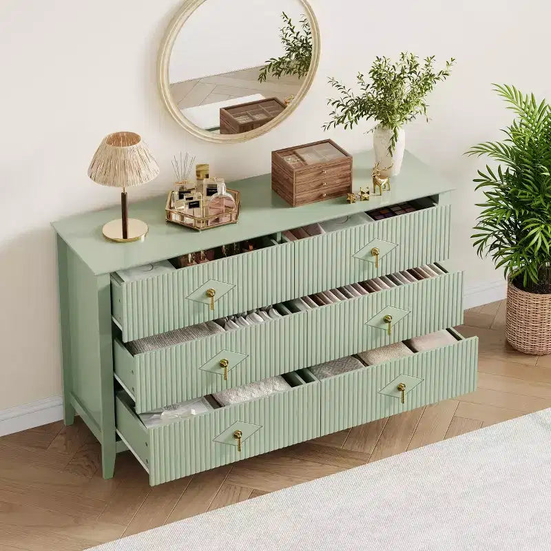 Fluted 6 Drawers Dresser for Bedroom, 54 Wide Modern Chest of Drawers with Metal Handle, Wooden Dresser Organizer