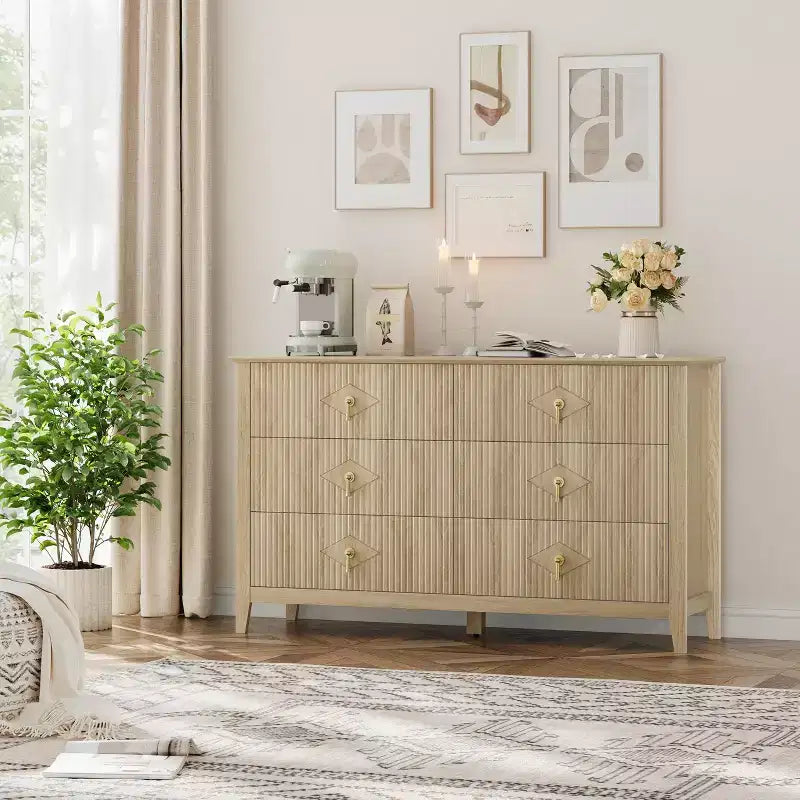 Fluted 6 Drawers Dresser for Bedroom, 54 Wide Modern Chest of Drawers with Metal Handle, Wooden Dresser Organizer
