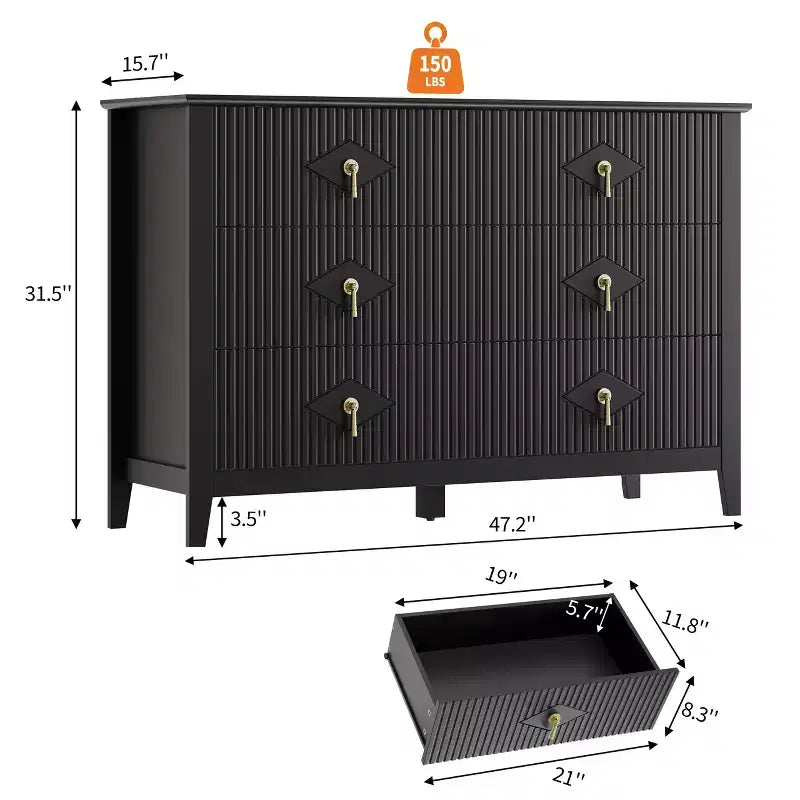 Fluted 6 Drawers Dresser for Bedroom, 54 Wide Modern Chest of Drawers with Metal Handle, Wooden Dresser Organizer