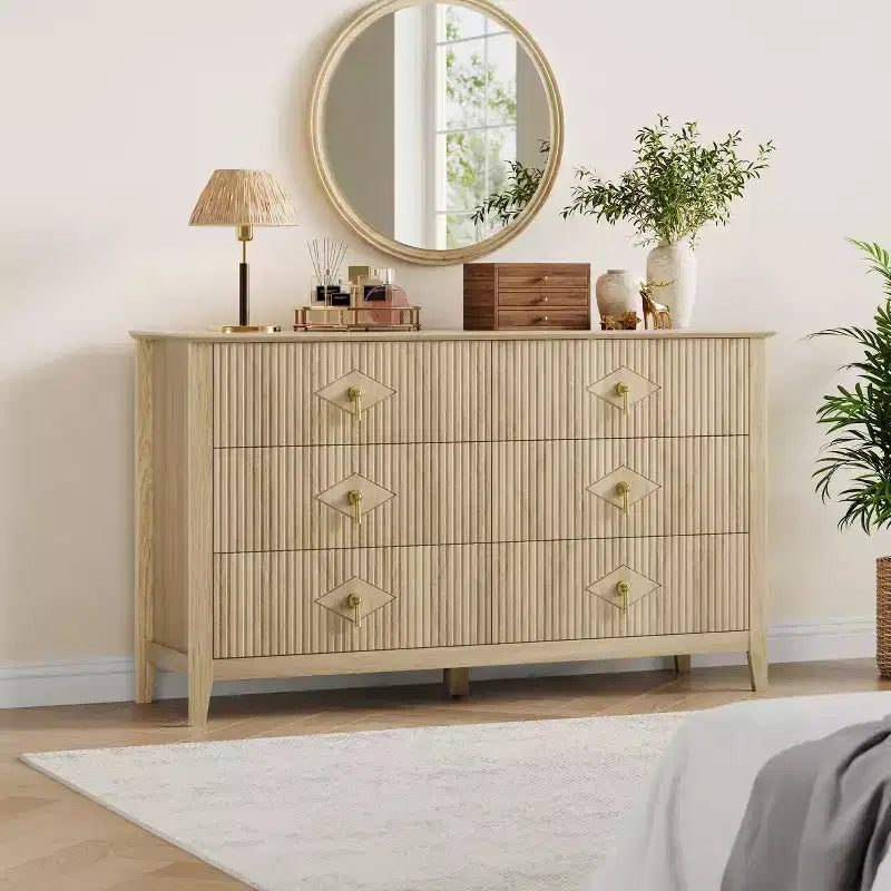 Fluted 6 Drawers Dresser for Bedroom, 54 Wide Modern Chest of Drawers with Metal Handle, Wooden Dresser Organizer
