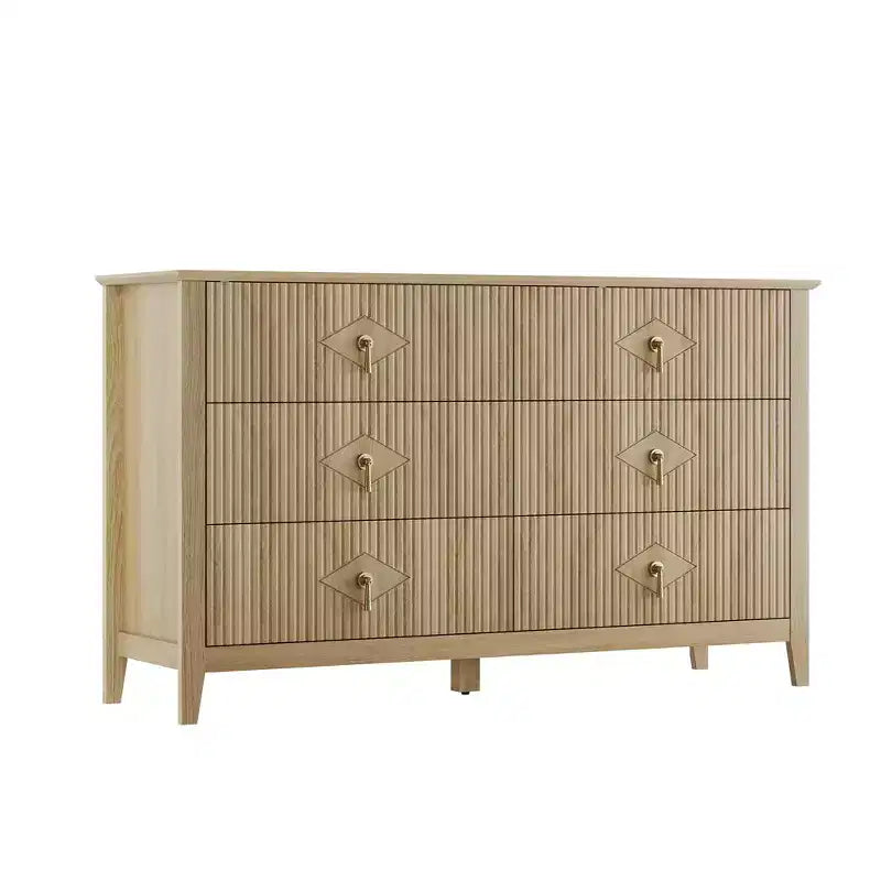 Fluted 6 Drawers Dresser for Bedroom, 54 Wide Modern Chest of Drawers with Metal Handle, Wooden Dresser Organizer
