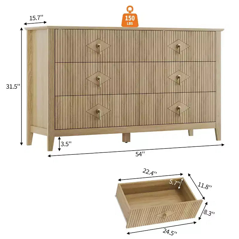 Fluted 6 Drawers Dresser for Bedroom, 54 Wide Modern Chest of Drawers with Metal Handle, Wooden Dresser Organizer