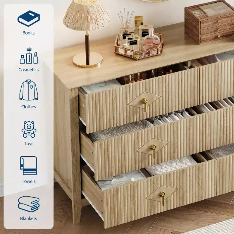 Fluted 6 Drawers Dresser for Bedroom, 54 Wide Modern Chest of Drawers with Metal Handle, Wooden Dresser Organizer