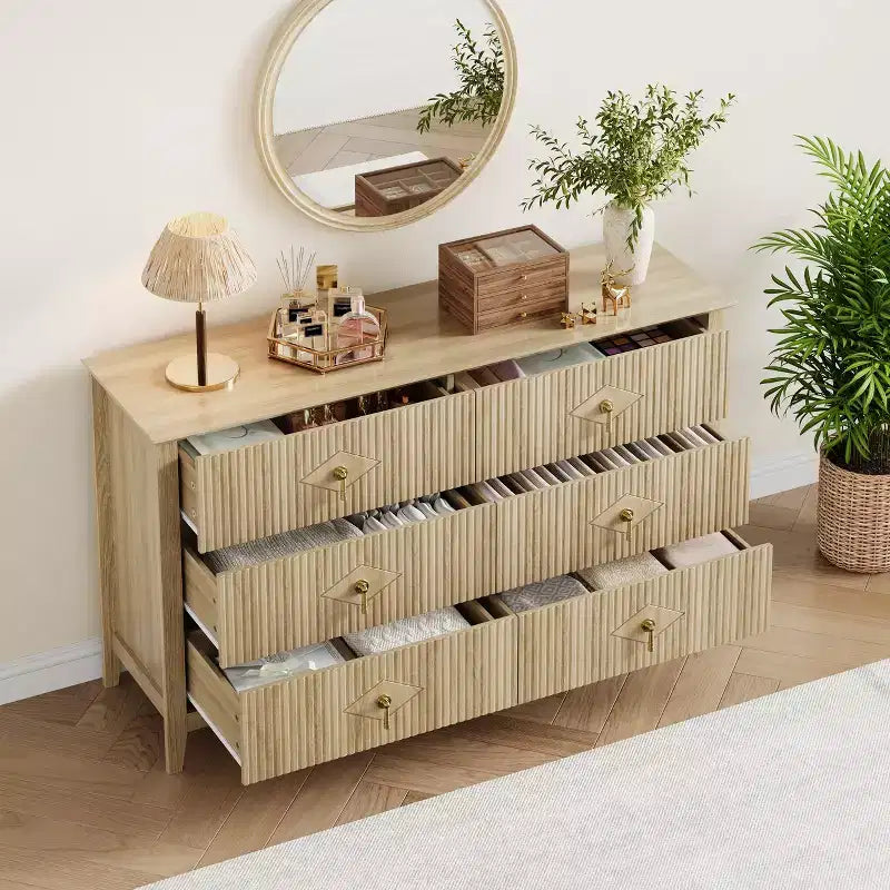 Fluted 6 Drawers Dresser for Bedroom, 54 Wide Modern Chest of Drawers with Metal Handle, Wooden Dresser Organizer