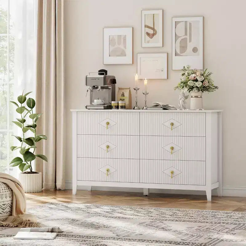 Fluted 6 Drawers Dresser for Bedroom, 54 Wide Modern Chest of Drawers with Metal Handle, Wooden Dresser Organizer