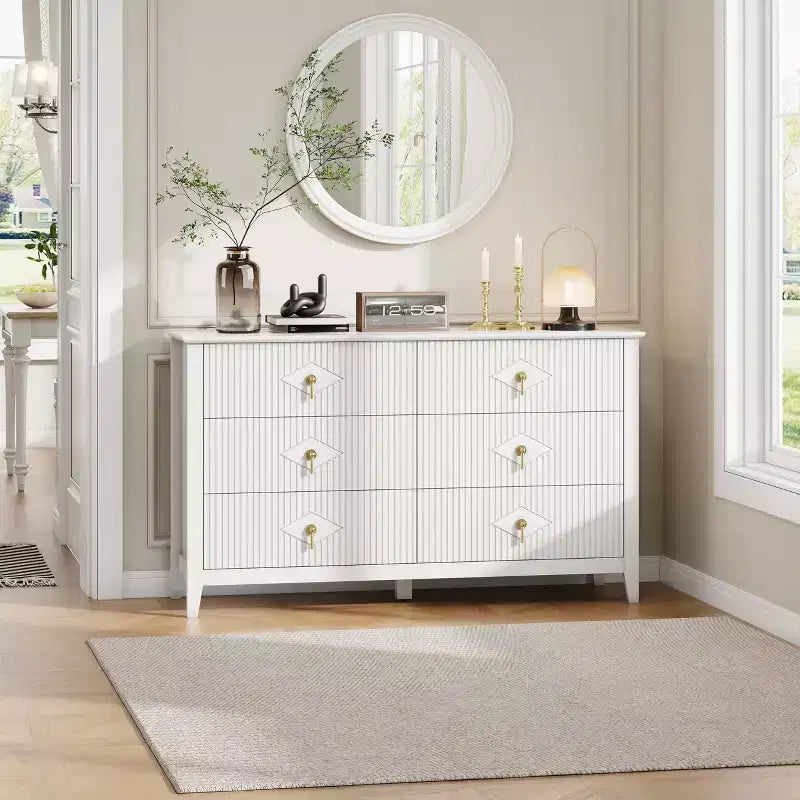 Fluted 6 Drawers Dresser for Bedroom, 54 Wide Modern Chest of Drawers with Metal Handle, Wooden Dresser Organizer