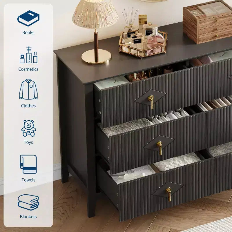 Fluted 6 Drawers Dresser for Bedroom, 54 Wide Modern Chest of Drawers with Metal Handle, Wooden Dresser Organizer