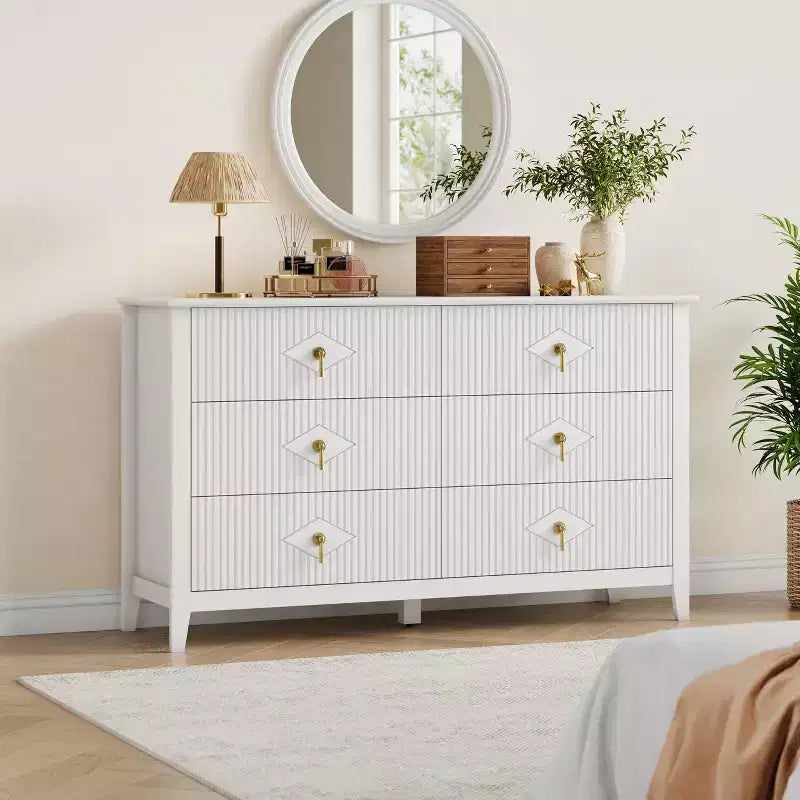 Fluted 6 Drawers Dresser for Bedroom, 54 Wide Modern Chest of Drawers with Metal Handle, Wooden Dresser Organizer