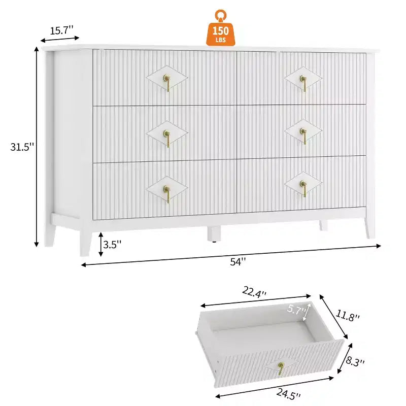 Fluted 6 Drawers Dresser for Bedroom, 54 Wide Modern Chest of Drawers with Metal Handle, Wooden Dresser Organizer