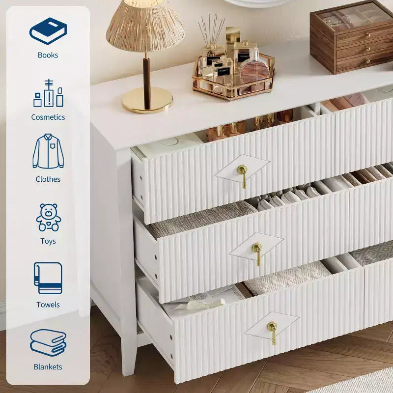 Fluted 6 Drawers Dresser for Bedroom, 54 Wide Modern Chest of Drawers with Metal Handle, Wooden Dresser Organizer