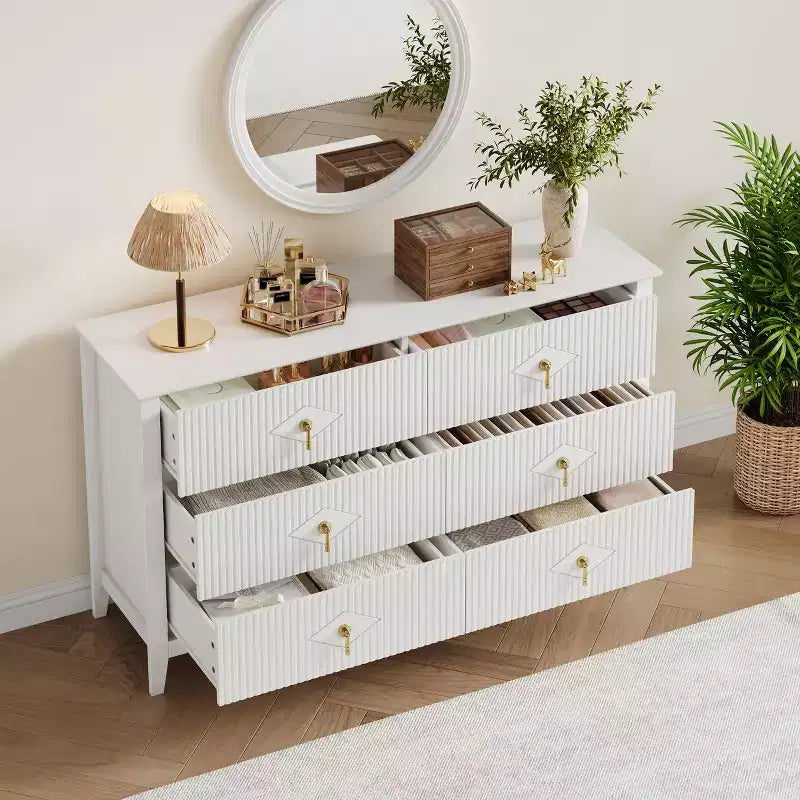 Fluted 6 Drawers Dresser for Bedroom, 54 Wide Modern Chest of Drawers with Metal Handle, Wooden Dresser Organizer