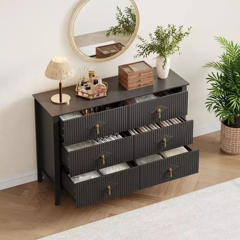 Fluted 6 Drawers Dresser for Bedroom, 54 Wide Modern Chest of Drawers with Metal Handle, Wooden Dresser Organizer