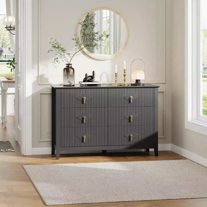 Fluted 6 Drawers Dresser for Bedroom, 54 Wide Modern Chest of Drawers with Metal Handle, Wooden Dresser Organizer